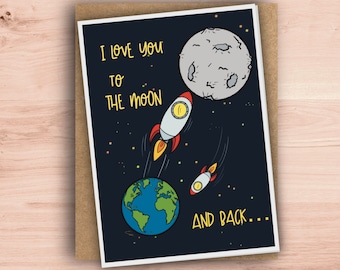 carte d'anniversaire de la galaxie de l'espace | Carte de voeux A6 « Je t'aime sur la lune et vice-versa »
