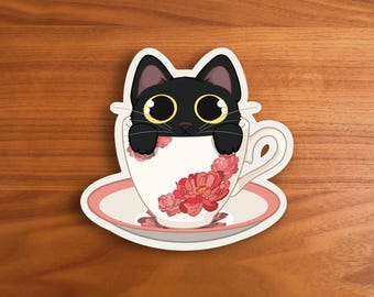 Black Cat Teacup Sticker – Waterproof Matte Vinyl Art