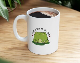 Cute Frog Ceramic Mug – Just Hoppy to Be Here, Animal Lover Gift