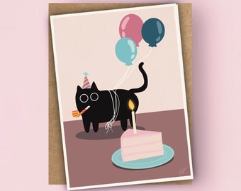 Carte de célébration de joyeux anniversaire de chat noir avec des ballons A6