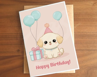 Puppy Golden Retriever Happy Birthday Celebration Card with Balloons A6