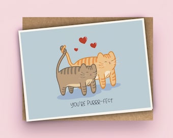 Carte d’anniversaire de chat mignon | Carte de couple de chats « You're Purr-fect » A6 Carte de vœux