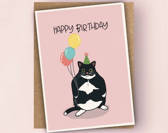 Joyeux anniversaire Fat Tuxedo Cat Celebration A6 Carte de vœux