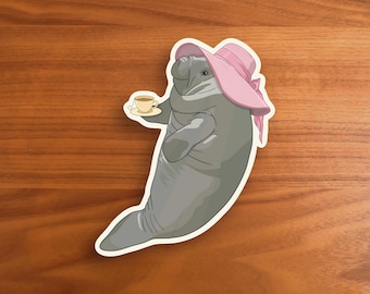 Mana-Tea Manatee Sticker | Funny Sea Animal, Teacup and Hat