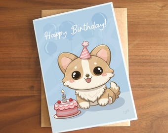 Corgi Birthday Card – Cute Dog with Balloons & Party Hat