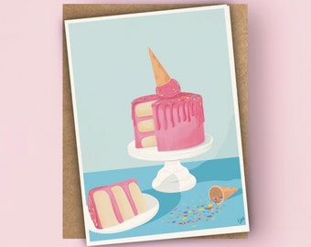 Carte de voeux célébration joyeux anniversaire gâteau à la crème glacée rose A6