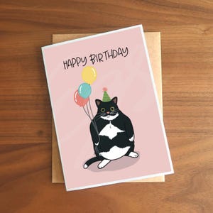 Happy Birthday Fat Tuxedo Cat Celebration A6 Greeting Card