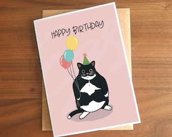 Happy Birthday Fat Tuxedo Cat Celebration A6 Greeting Card