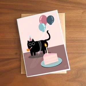 Black Cat Happy Birthday Celebration Card with Balloons A6