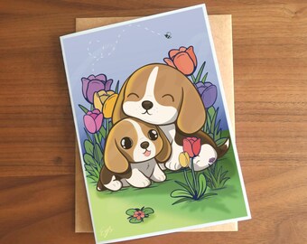 Beagle Mom and Pup Card – Tulip Illustration, Mother's Day