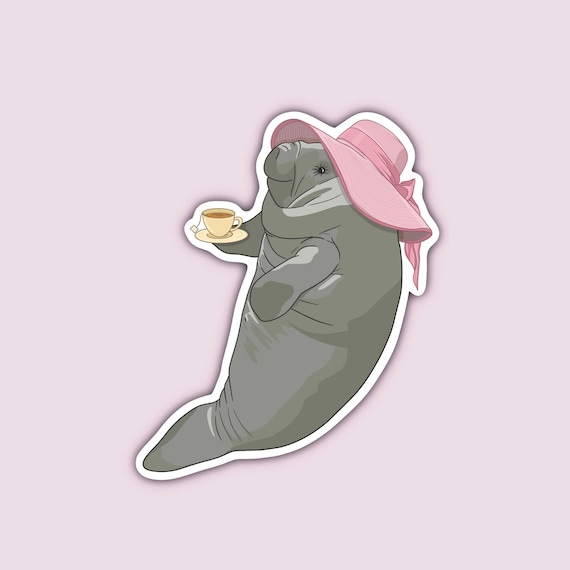 Mana-Tea Time/ Manatee with Teacup Waterproof Matte Vinyl Sticker