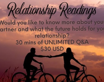 Può includere: Silhouette di una coppia in bicicletta contro un cielo al tramonto. Il testo recita "Relationship Readings", "Would you like to know more about your partner and what the future holds for your relationship?", "30 mins of UNLIMITED Q&A" e "$30 USD".