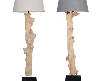 Lampadaire en bois de racine | Lampe en bois flotté fabriquée à la main | Lampe en bois de teck avec abat-jour beige ou gris