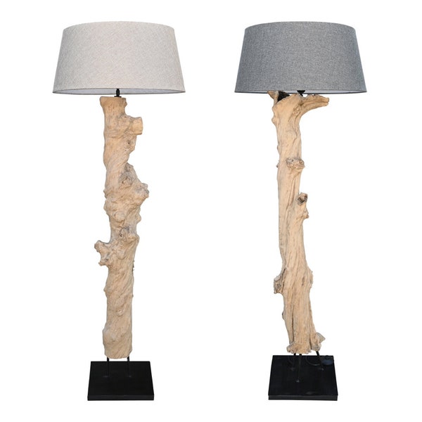 Lampadaire en bois de racine | Lampe en bois flotté fabriquée à la main | Lampe en bois de teck avec abat-jour beige ou gris
