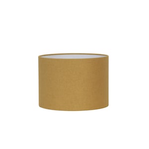 May include: A cylindrical lampshade made of a textured, light brown fabric. The shade has a white interior.