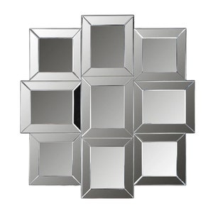 May include: A silver mirrored wall decor with nine square mirrors arranged in a geometric pattern.