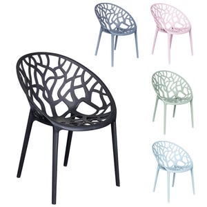 Op de afbeelding: Set van vijf stoelen met een uniek takvormig ontwerp. De stoelen zijn verkrijgbaar in zwart, lichtblauw, lichtgroen en roze.