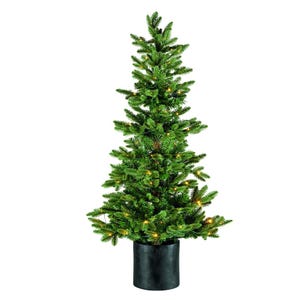 May include: A potted artificial Christmas tree with warm white lights. The tree is green and has a black pot.