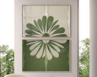 Set Of 2 Green Japandi Flower Printable Wall Art, Botanical Minimalist Tropical Diptych Download