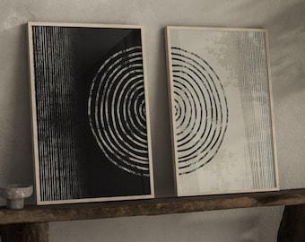 2 Set Tree Ring Wall Art, Black Neutral Diptych Prints, Framed Posters, Canvas Decor