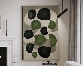 Arte mural imprimible Japandi verde oliva oscuro, decoración digital Wabi Sabi abstracta y moderna