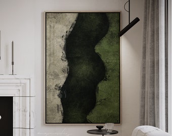 Obra de arte digital abstracta verde, descargable, paisaje nocturno surrealista verde oliva oscuro, arte de pared imprimible