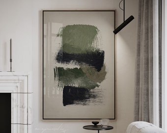 Arte de pared imprimible abstracto en verde oscuro, impresión en verde y negro oxidado, decoración minimalista en verde oliva con pinceladas, arte de descarga instantánea en verde salvia