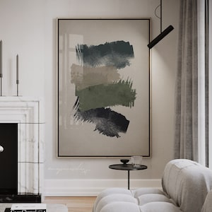 Arte de pared minimalista imprimible con pinceladas, arte de pared verde salvia, impresión horizontal para dormitorio verde esmeralda, póster abstracto verde oliva, 24 x 36