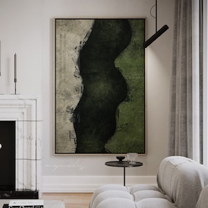 Grüner abstrakter digitaler Download Druck, dunkles olivgrüne surreale Nachtlandschafts-Wand-Dekor, moosgrüne ästhetische minimalistische druckbare Kunst