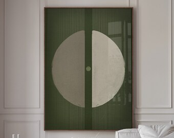 Arte de pared imprimible abstracto geométrico verde oliva oscuro, decoración digital minimalista masculina.