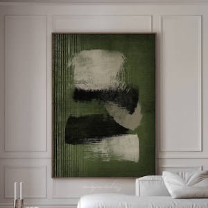 Arte murale stampabile con pennellate, opera d'arte astratta verde, stampa moody invecchiata, arte murale verde scuro, stampa orizzontale per camera da letto verde foresta
