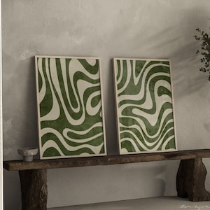 Olivgrün Retro Art Prints, dunkelgrün Groovy druckbare Kunst Set, Hunter Green Minimalist Wanddekor, 2er-Set ästhetische organische Formen Kunst