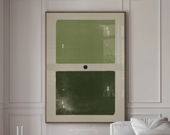 Olive Green Printable Japandi Wall Art, Abstract Green Minimalist Digital Print, Oversized Modern Geometric Wabi Sabi Aesthetic Home Decor