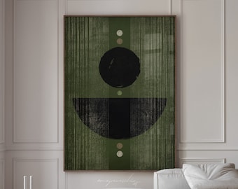 Dark Moss Green Cozy Retro Printable Wall Art, Japandi Minimalist Abstract Digital Art Print, Dark Olive Green Preppy Aesthetic Home Decor