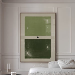 Olive Green Printable Japandi Wall Art, Abstract Green Minimalist Digital Print, Oversized Modern Geometric Wabi Sabi Aesthetic Home Decor