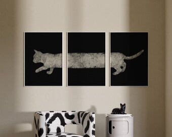 3 Piece Never Ending Japandi Cat Printable Wall Art, Set Of 3 Wabi Sabi Ivory White Black Digital Prints, Unusual Long Feline Animal Decor