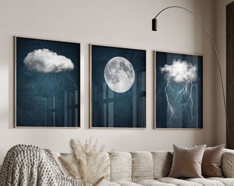 Drieluik Dark Blue Thunderstorm Moon Cloud afdrukbare muurkunst, driedelige humeurige surrealistische digitale download