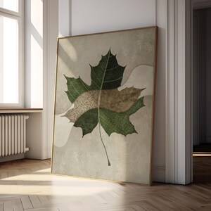 Abstraktes botanisches Ahornblatt druckbare digitale Download Wandkunst, grünes rostiges strukturiertes minimalistisches Wabi Sabi Dekor, neutrales organisches Kunstwerk