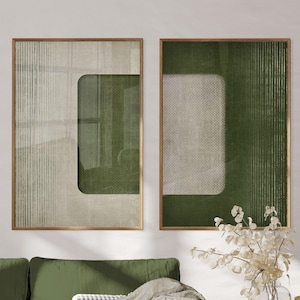2 Piece Green Beige Digital Prints, Olive Green Modern Printable Art, Simple Minimal Designer Wall Decor, Aesthetic Dark Green Geometric Art