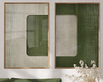 2 Piece Green Beige Digital Prints, Olive Green Modern Printable Art, Simple Minimal Designer Wall Decor, Aesthetic Dark Green Geometric Art