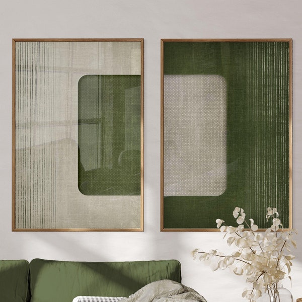 Impresiones digitales en verde y beige de 2 piezas, arte imprimible moderno en verde oliva, decoración de pared minimalista y estética, arte geométrico en verde oscuro.