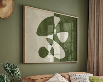 May include: A brown leather sectional sofa with white and black patterned cushions, a green cushion, and a throw blanket. The sofa is in a living room with a green wall, a window with white blinds, and a wooden coffee table with a book and two white vases.
