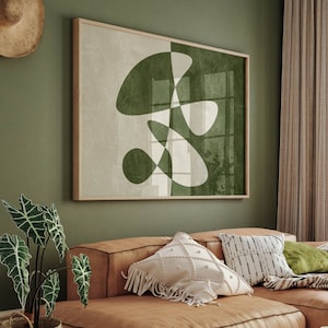 Dunkle Olivgrün Retro 70er Jahre Stil druckbare Wandkunst, über dem Bett Übergroße Japandi Digital Art Print, strukturierte minimalistische Wabi Sabi Wohnkultur