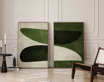 2 Piece Black Green Yin-Yang Printable Wall Art, Wabi Sabi Downloadable Diptych Home Decor