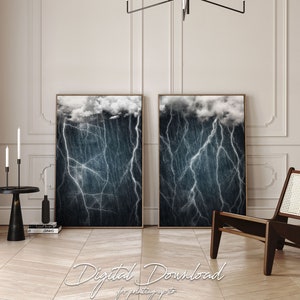 2 Set Moody Dark Blue Rain Clouds Printable Wall Art, Surreal Navy Blue Thunderstorm Digital Art Prints, Masculine Blue Storm Diptych Decor