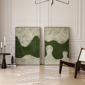 Green Abstract Wabi Sabi Printable Art 2 Set, Dark Olive Green Minimalist Diptych Download Art, Forest Green Melting Cracked Stone Home Deco