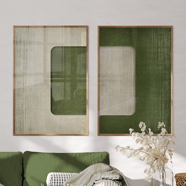 2 Piece Green Beige Digital Prints, Olive Green Modern Printable Art, Simple Minimal Designer Wall Decor, Aesthetic Dark Green Geometric Art
