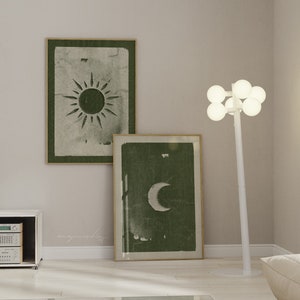 Decorazione murale Sole e Luna verde oliva, set di stampe astratte verde scuro stampabili, stampe d'arte minimalista verde cacciatore, decorazioni verde salvia notte e giorno