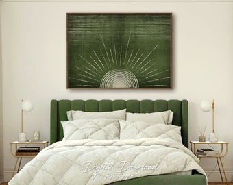Dark Green Japandi Abstract Sun Digital Art Print, Printable Above Bed Minimalist Deep Green Artwork, Distressed Elegant Sunrise Home Decor