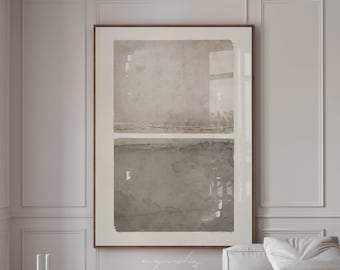 May include: A white couch with a black coffee table in a modern living room with a large abstract painting on the wall. The painting is in shades of gray and brown.